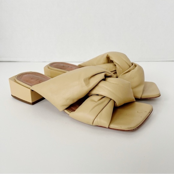 Vicenza Free People Mules Sz 7 Nude Twist Puffy Square Toe Leather Heels Sandals - Picture 3 of 8